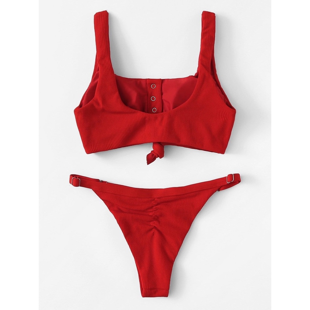Ribbed bikini button up red thong swimsuit - Picture 2 of 3